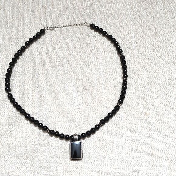 Black Bead and Silver Scroll Pendant Necklace 16" with 2" Extender - Picture 6 of 8